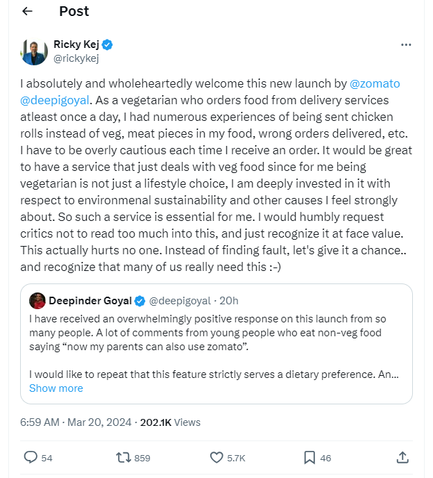 https://twitter.com/rickykej/status/1770261385496449204?ref_src=twsrc%5Etfw%7Ctwcamp%5Etweetembed%7Ctwterm%5E1770261385496449204%7Ctwgr%5E5c3ca6b0ee6ee52aae2a7207d7b6477cdde046a3%7Ctwcon%5Es1_&ref_url=https%3A%2F%2Fwww.indiatoday.in%2Ftrending-news%2Fstory%2Fgrammy-winner-ricky-kej-supports-zomatos-veg-fleet-amid-backlash-viral-post-2517210-2024-03-20